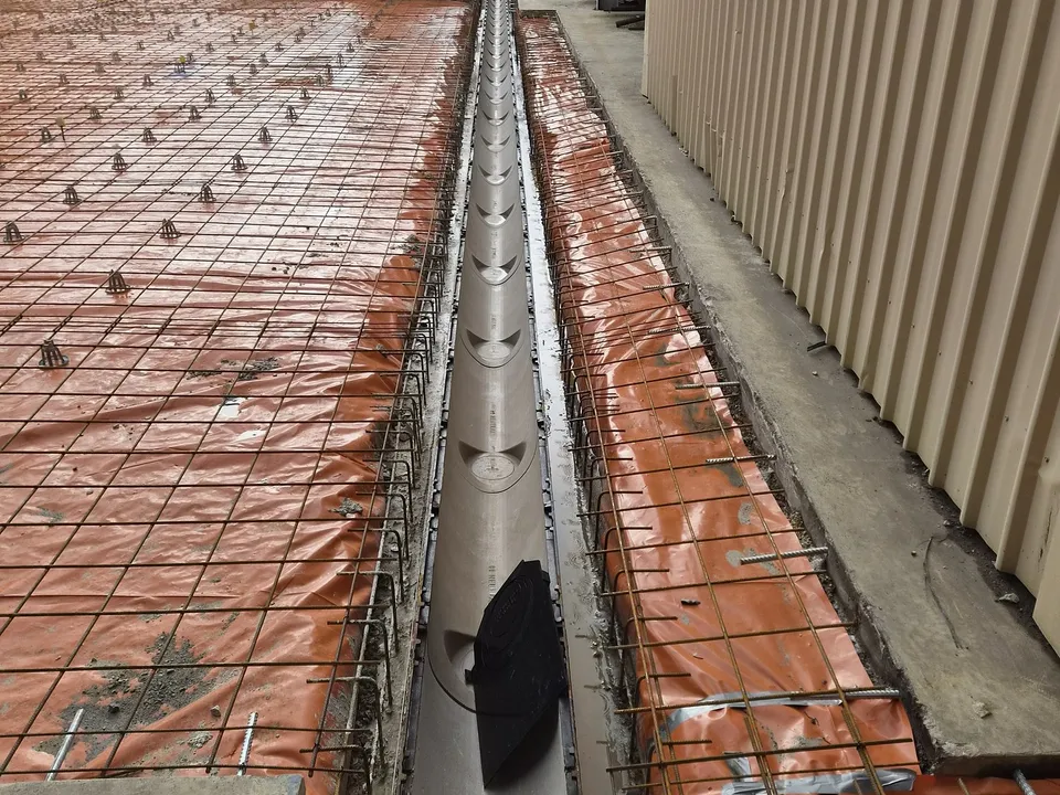 Trench drain set in reinforcement mesh ready for the concrete pour beside a warehouse in Greenfields