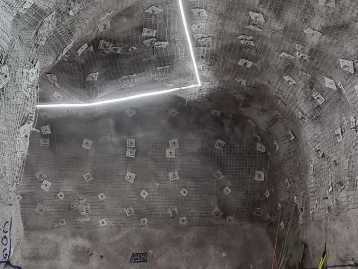 Underground concrete works at Prominent Hill mine, with meshed and rock-bolted walls above the finished floor