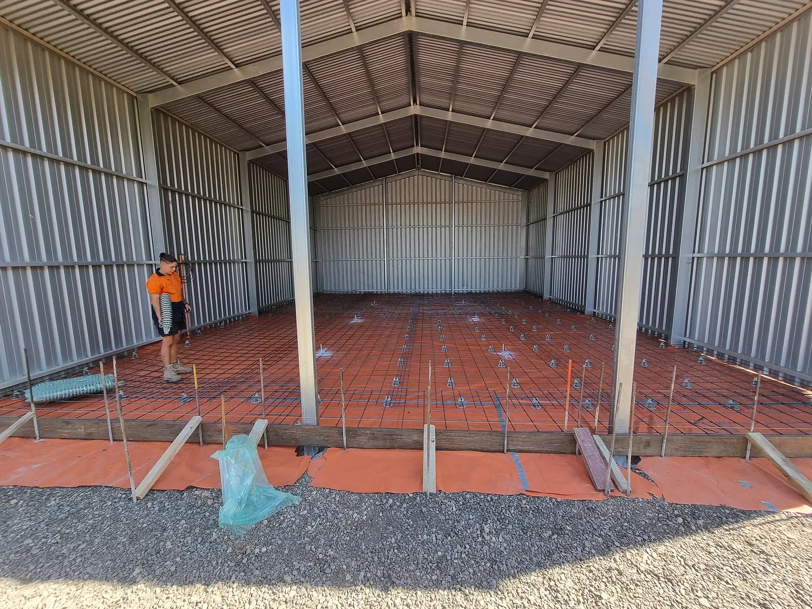 Shed base prepared and levelled at Roseworthy, with plastic and reinforcement mesh laid ready for the slab